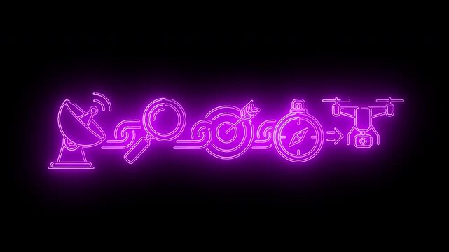 Neon purple line of icons including satellite dish, magnifying glass, clock, and drone against a black background with a white border at the bottom.