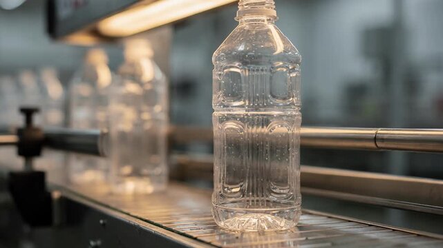 Medium shot of a hotfill bottle on an assembly line showcasing unique panel designs that enhance structural integrity during hightemperature filling processes.