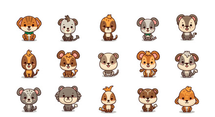 Obraz premium Cute Funny Cartoon Animal Vector Set with Dog Cat Bear Lion Cow Horse Pig Elephant Giraffe Rabbit Baby Pet Farm and Safari Characters Illustration Icons