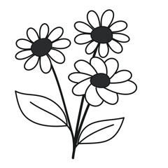 Obraz premium Flower Simple Cartoon Drawing of Three Blooming Daisies with Leaves
