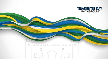 Tiradentes Day background with Brazilian flag colors. Abstract green, yellow and blue wavy ribbons. National holiday celebration banner with castle outline.