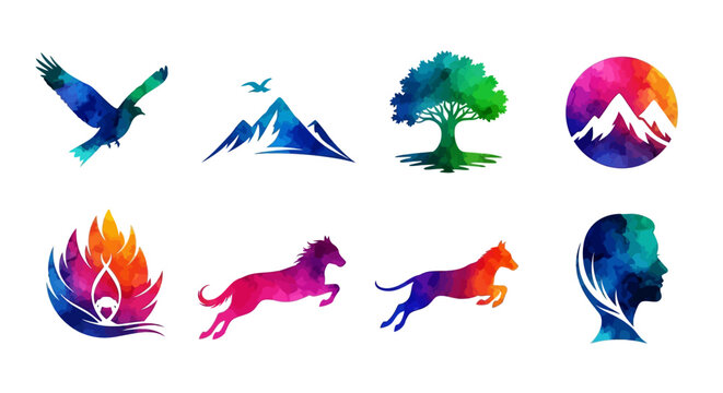 Colorful vector illustration set of nature icons including animals fish dragon butterfly flowers hand spring cartoon design symbols patterns decorative colorful elements in blue style
