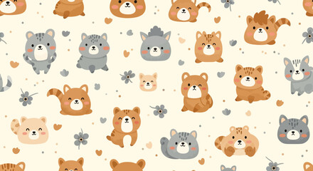 Obraz premium Cute cartoon vector illustration set of seamless patterns with funny baby animals including cats, birds, dogs, and safari pets on a seamless background