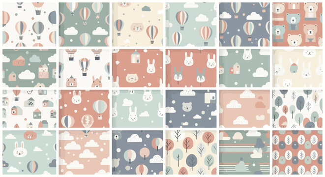 Set of seamless patterns with pink vintage floral designs, polka dots, and hearts for baby scrapbook wallpaper fabric and textile decoration vector illustration