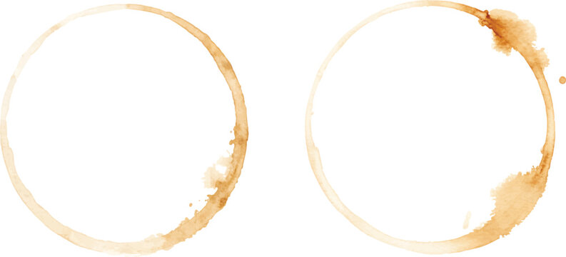 A charming watercolor collection of coffee stain rings featuring light brown circular splashes and organic liquid marks illustrated in a soft minimal style.