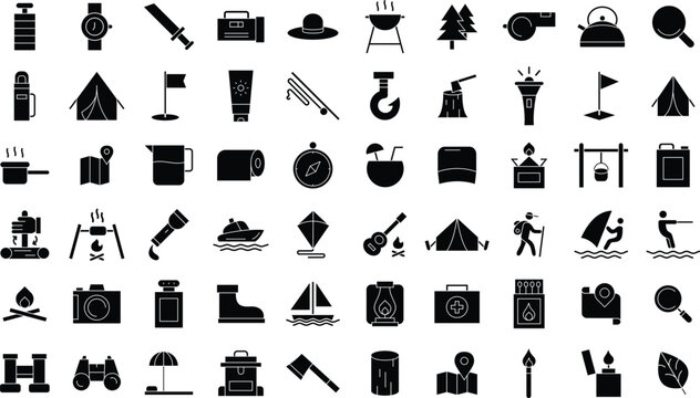 Camping and Outdoor solid Icons Set &ndash; Adventure, Travel, Hiking, Survival and Nature Activities icon set
