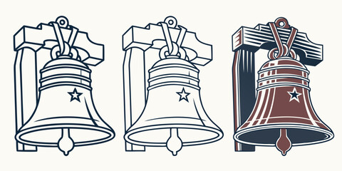 Patriotic Bell Icons with Wooden Frame and Star Mascot Vector Set © Muhamad