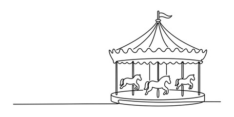 A simple black and white line drawing of a classic carousel ride with three horses in motion. Vector, illustration © Badhon_Designer