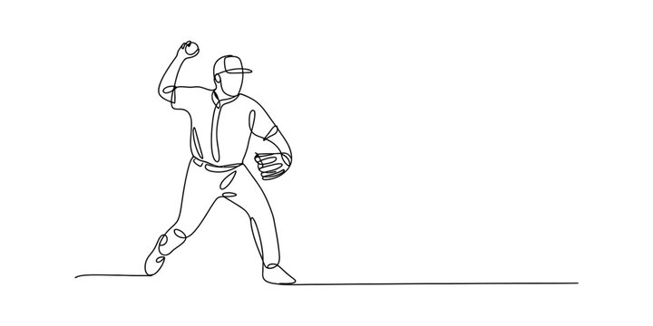 Continuous single line drawing of a baseball player throwing a ball during an intense match game Vector, illustration