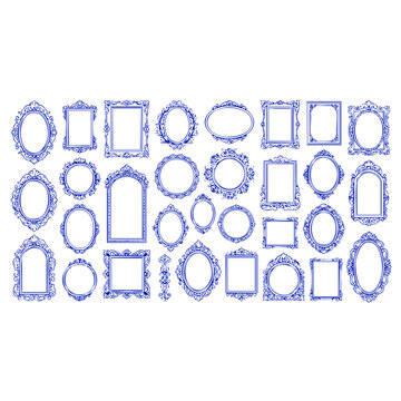Collection of ornate blue vector frames features elegant vintage-inspired scrollwork and delicate floral embellishments for various design projects.