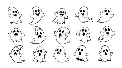 Fototapeta premium Collection of fifteen different cartoon ghost characters with various funny expressions in black and white line art.