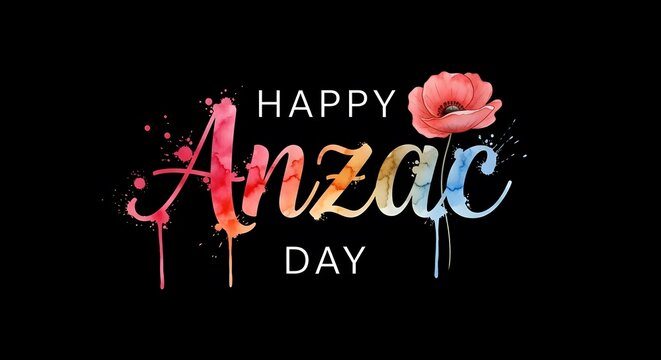 Happy anzac day watercolor lettering with red poppy flower on black background