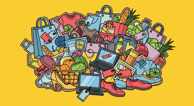 A colorful illustration of a chaotic pile of shopping bags, food, clothes, and electronics on a bright yellow background.