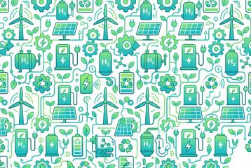 Obraz premium Seamless Flat Vector Pattern of Green Sustainable Technology Renewable Energy EV Solar