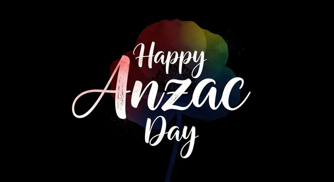 Happy anzac day text with a colorful watercolor poppy flower design