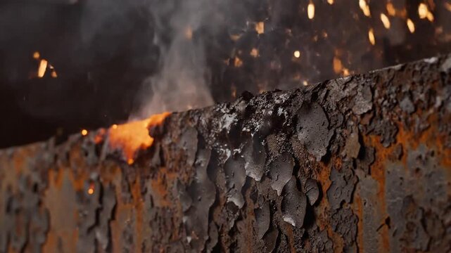 Industrial cutting torch creates bright sparks on rusty metal surface