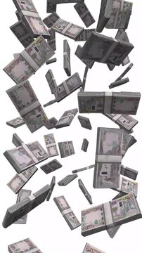 Vertical Iraq Money, Falling Iraqi Dinar Bills, Cash Stacks Isolated on White, 4K