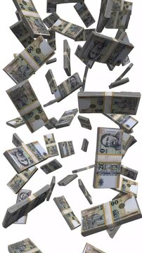 Vertical Hungary Money, Falling Hungarian Forint Bills, Cash Stacks Isolated on White, 4K