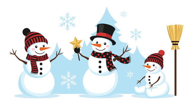 Three cute snowmen of different sizes wearing winter hats and scarves in a snowy landscape with trees and snowflakes.