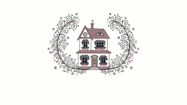 Charming colored line art illustration of a three-story Victorian house inside a decorative floral and heart-shaped frame.
