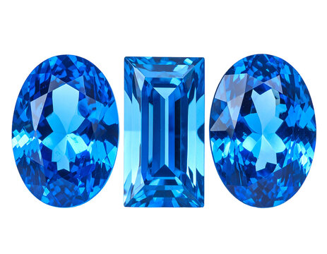 Three vibrant blue faceted gems, oval and rectangular