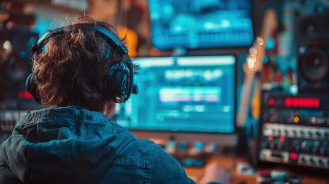 Music production trainee wearing headphones carefully editing tracks on screen with softly blurred background of instruments and studio gear.
