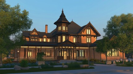 Obraz premium Majestic Victorian Mansion at Golden Hour