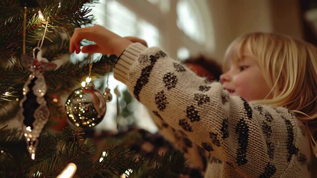 Child's hand decorating a festive xmas tree with ornaments, capturing the joyful spirit of holiday season