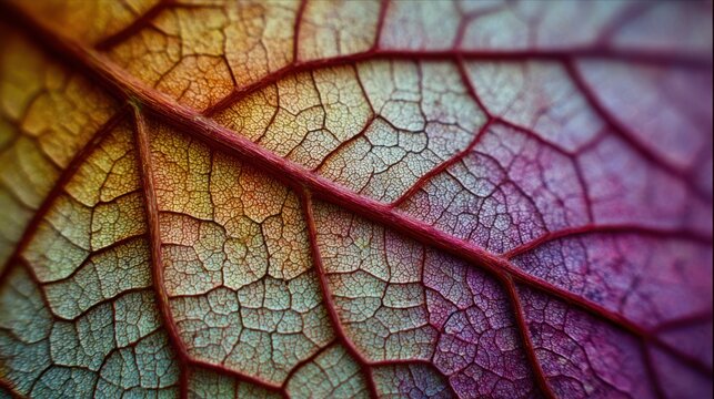 Intricate leaf veins displaying gradient autumn hues macro texture