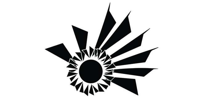 Radial geometric pattern emanates from a central circle, resembling a stylized sunburst or explosion.