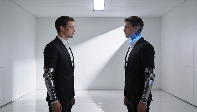Human Man Facing Identical Humanoid Robot in White Room