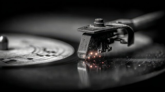 Dramatic black and white closeup of a record player stylus gliding over a spinning vinyl disc with glowing dust sparks, evoking nostalgia and rich analog music vibes for creative projects.