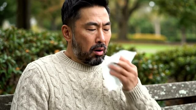 Man blowing nose in park.