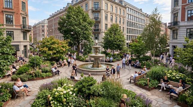Intersection turned into a public garden wide shot