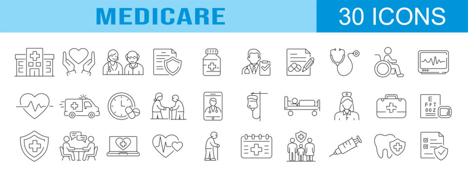 collection of medicare icons, editable stroke.	