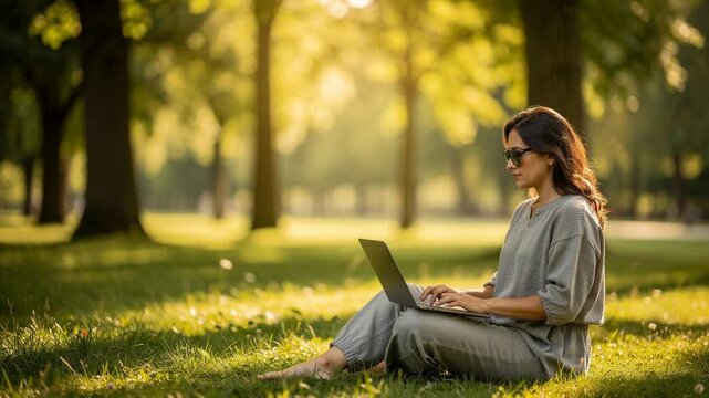 Young woman working on laptop outdoors sitting on grass in sunny park surrounded by trees