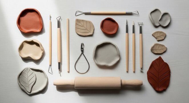 Overhead view of various pottery tools and handmade clay pieces in different shapes and colors, including leaf designs and small dishes, on a white background.