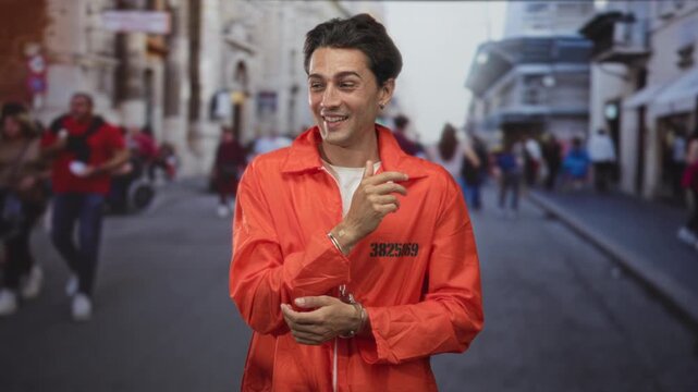 Man in orange jumpsuit smiling adjusts handcuffs and points with right hand amid a crowded street scene; mischief irony.
