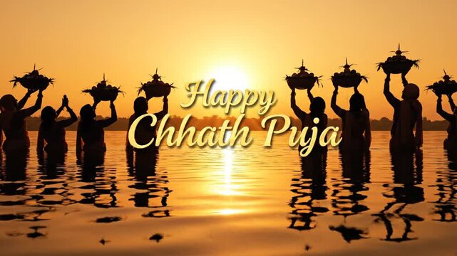 Silhouetted devotees celebrate Chhath Puja with offerings at sunset, a festive greeting for advertising campaigns