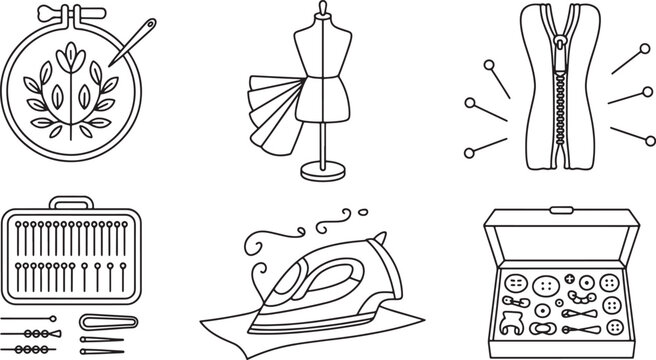 Professional Tailoring and Sewing Line Art Icon Set with Mannequin Iron Zipper and Embroidery