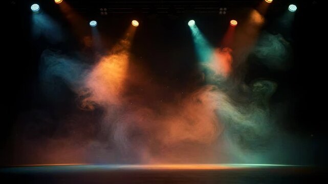 Colorful stage lights shining through smoke with dark background for performance or event