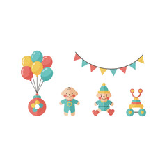 Fototapeta premium Funny cartoon illustration of a baby shower or birthday card featuring a happy bear and colorful balloons for a fun kids celebration