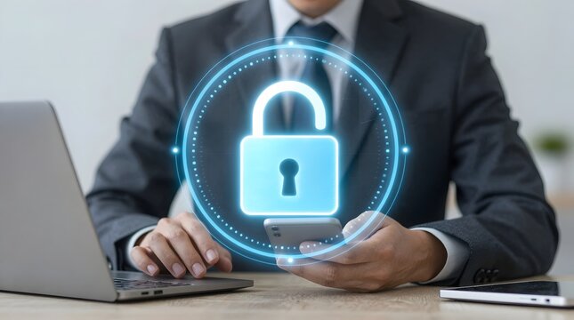 Digital security concept, business man in suit using smartphone with glowing padlock icon. Protecting data online with cybersecurity