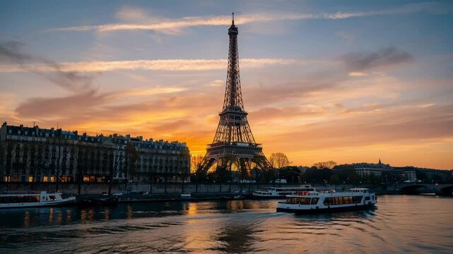 Sunset view of the Eiffel Tower and Seine River with Paris cityscape and colorful sky