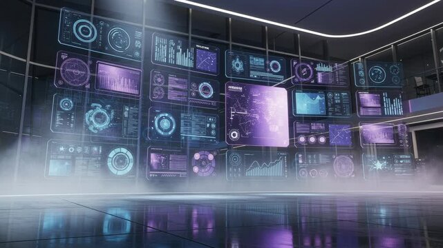Futuristic high tech digital interface with data visualization and holographic screens in modern technology environment
