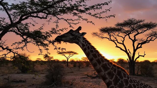 Wild giraffe feeding leaves from acacia tree at sunset