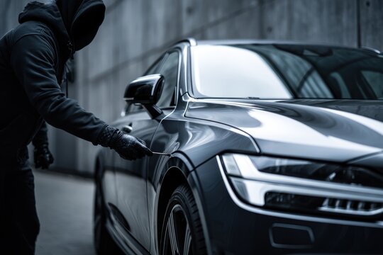 A shadowy figure attempts to break into a luxury car at night, highlighting themes of theft and vulnerability.