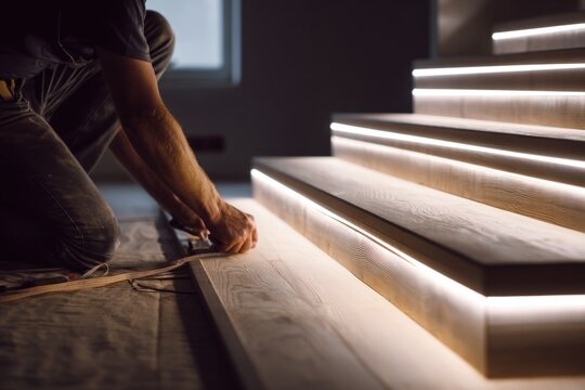 A craftsman installs wooden stairs with integrated lighting, showcasing skill and attention to detail in a modern interior setting.
