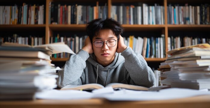 A student looks overwhelmed while studying at a cluttered desk surrounded by books, reflecting stress and concentration in a library-like setting.