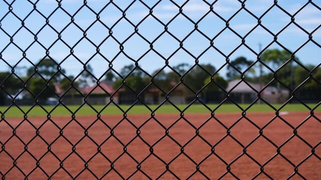 Close-up of a chain-link fence with a blurred baseball or softball field in the background in Australia. Sports ground scene highlighting boundary, separation, and fencing.